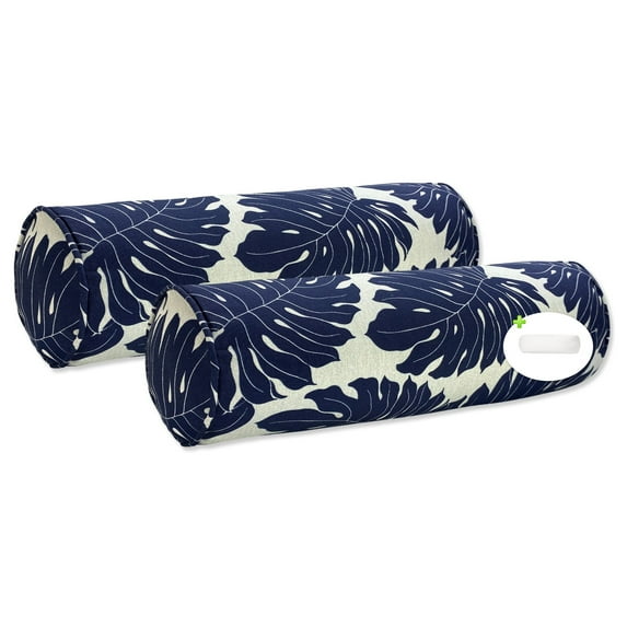 FBTS Prime Throw Bolster Pillows Set of 2 Navy Leaves Round 20x6 Inch Patio Neck Roll Pillows