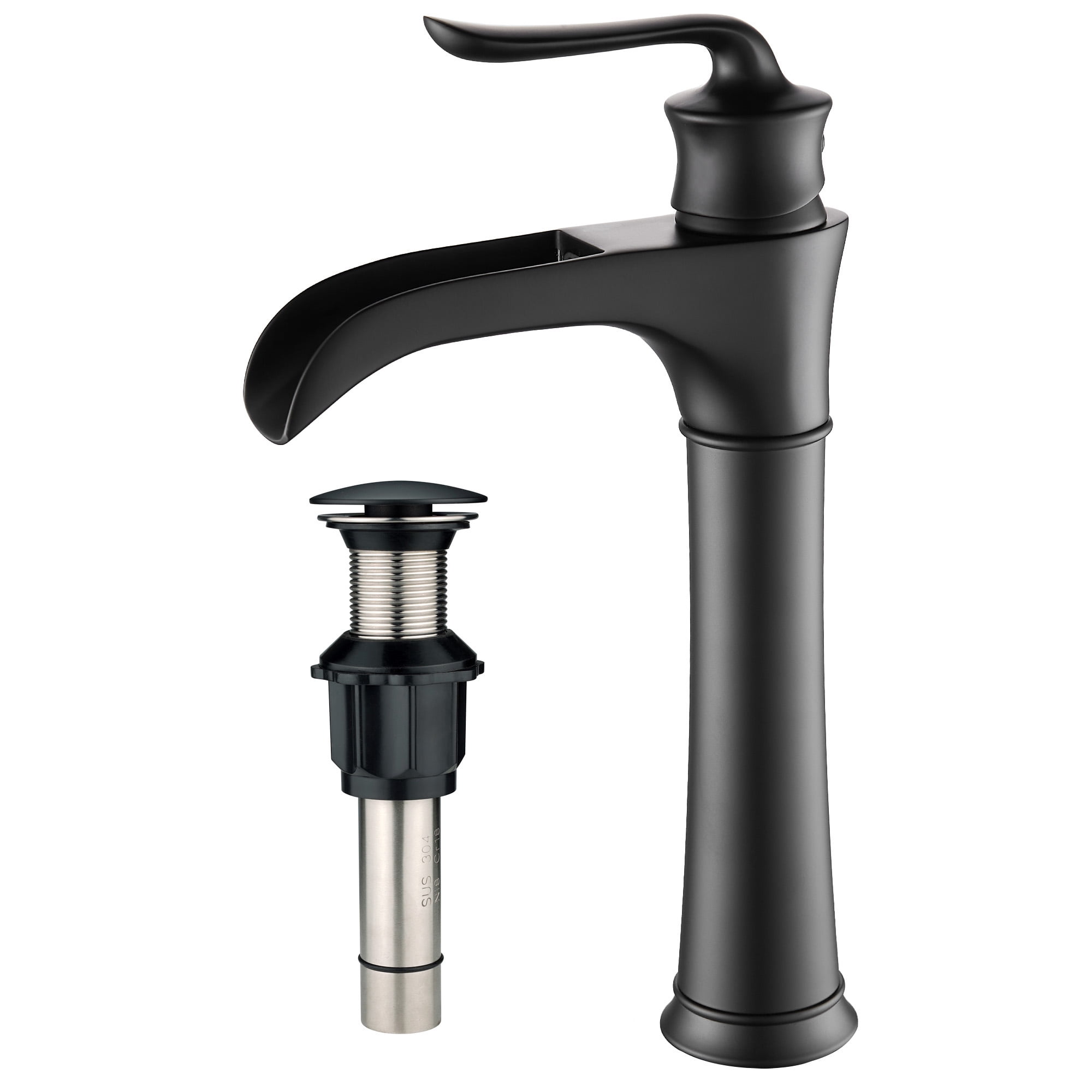 FBUKE Bathroom Vessel Sink Faucet Waterfall Flow with Pop up Drain, Matte Black