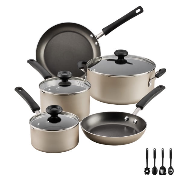 Farberware Easy Clean 12 Pcs Nonstick Cookware Set with Cooking Tools, Dishwasher Safe, Champagne