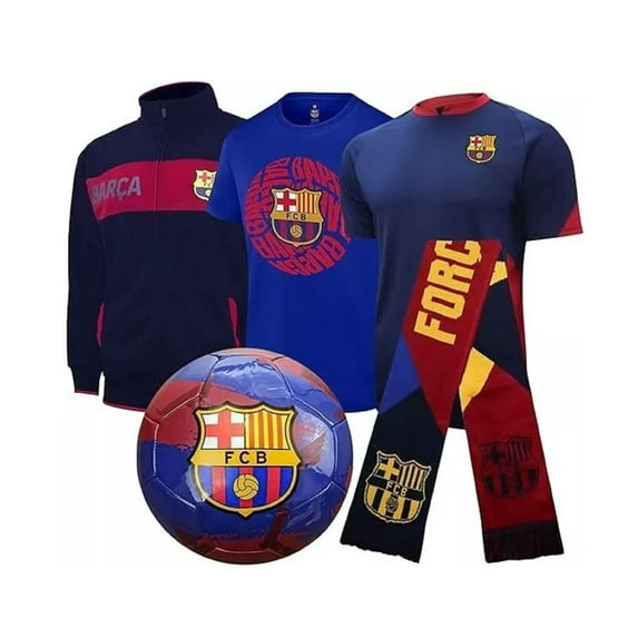 FC Barcelona Ultimate Fan Pack , 5-Piece Soccer Set - Jacket, T-Shirts,Jersey, Scarf, And Ball - Small