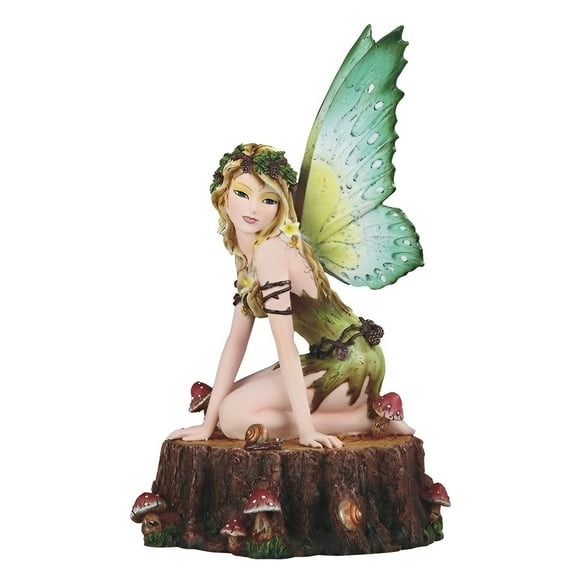 FC Design 10"H Green Earth Fairy Sitting on Tree Trunk with Mushroom Figurine Statue Sculpture Ornament Decoration Home/Room Decor and Unique Gift Ideas for Housewarming, Holidays and Birthdays