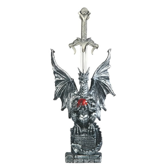 FC Design 11"H Medieval Silver Dragon on Pedestal with Sword Guardian Figurine Statue Sculpture Ornament Decoration Home/Room Decor and Unique Gift Ideas for Housewarming, Holidays and Birthdays