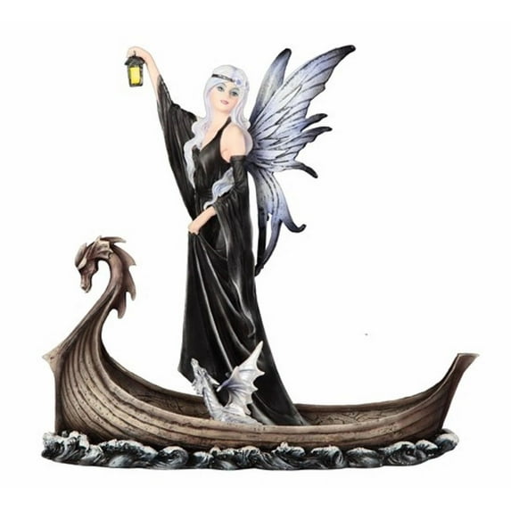 FC Design 11"W Gothic Black Fairy with Baby Dragon In Boat Holding Lantern Statue Fantasy Decoration Figurine