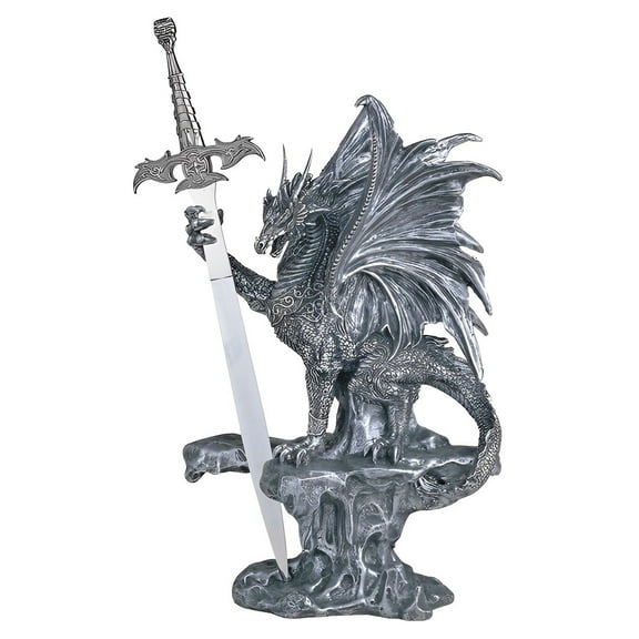 FC Design 12"H Medieval Silver Dragon Standing on Rock with Sword Guardian Figurine Statue Sculpture Ornament Decoration Home/Room Decor and Unique Gift Ideas for Housewarming, Holidays and Birthdays