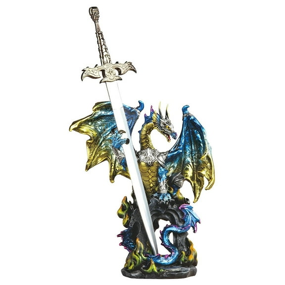 FC Design 15"H Blue Dragon with Sword on Arch Figurine Statue Sculpture Ornament Decoration Home/Room Decor and Unique Gift Ideas for Housewarming, Holidays and Birthdays
