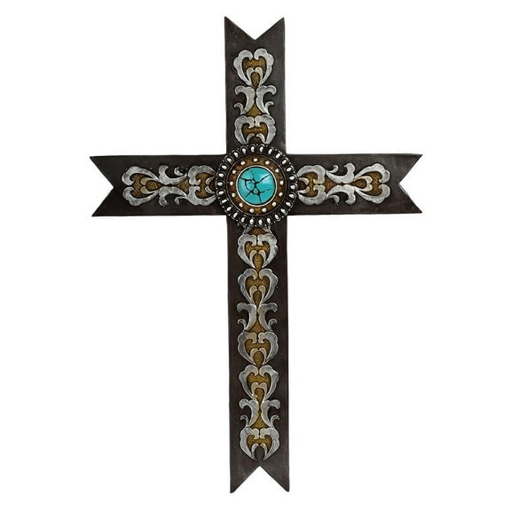 FC Design 16"H Decorative Cross with Flower String Wall Plaque Statue Wall Holy Statue Sculpture Ornament Decoration Home/Room Decor and Unique Gift Ideas for Housewarming, Holidays and Birthdays