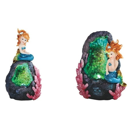 FC Design 2-PC Blue Mermaid with LED Faux Green Faux Crystal Cave Rock Geode 3"-5"H Figurine Statue Sculpture Ornament Decoration Home/Room Decor and Unique Gift Ideas
