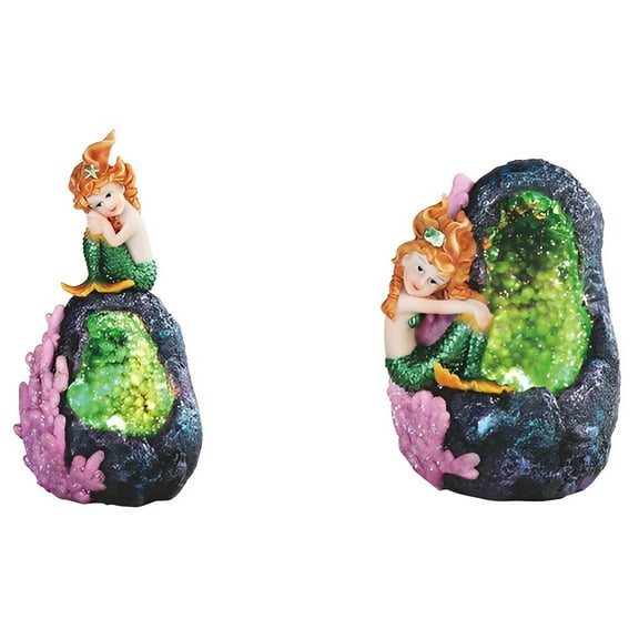 FC Design 2-PC Green Mermaid with LED Faux Green Faux Crystal Cave Rock Geode 3"-5"H Figurine Statue Sculpture Ornament Decoration Home/Room Decor and Unique Gift Ideas