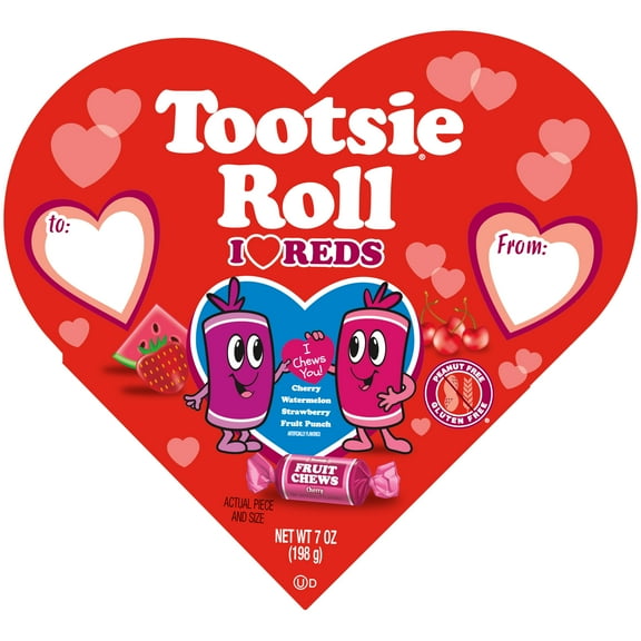 Tootsie Fruit Chews, I Heart Red, Heart Shaped Box, 7 oz. Peanut Free, Gluten Free. Contains Milk and Soy.