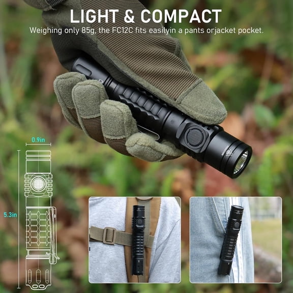 FC12C Tactical Flashlight 1600 High Lumens, USB-C Rechargeable LED Flashlights, 332M Long Throw Flash Light, IP68 Waterproof, Dual Switches and Constant Current Circuit for Home Camping Hiking