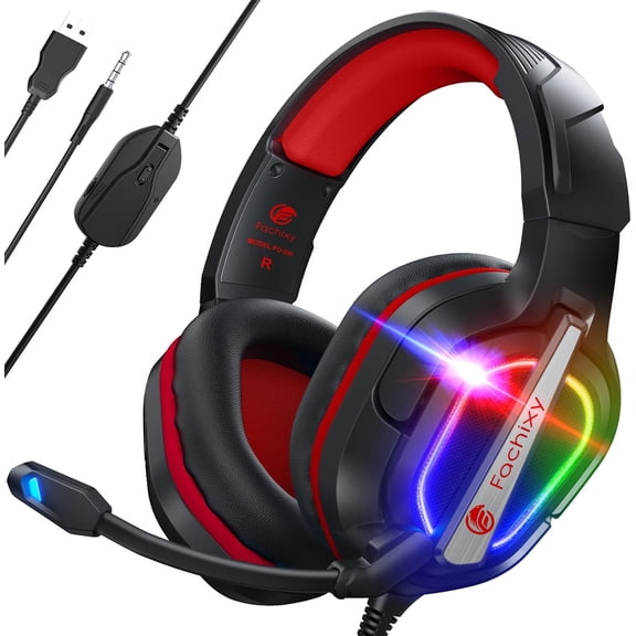 FC200 PC Gaming Headset for PS4, PS5, Switch, Xbox One, Mac, Noise Canceling Headphones with Microphone, Computer 3.5mm Jack & RGB Light