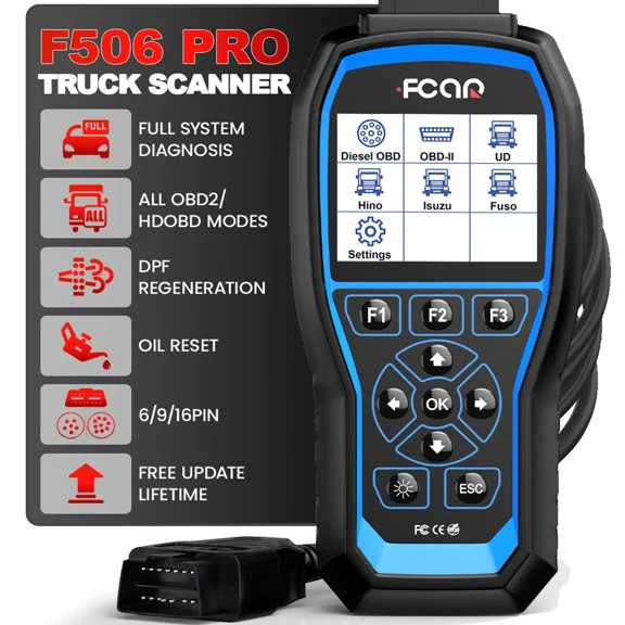 FCAR F506 Pro Heavy Duty Truck Scanner, Diesel OBD2 Scanner Diagnostic Tool with DPF Oil Light Reset, Full System Automotive Diagnostic Scan Tool Diesel Truck Car 2 in 1 OBD2 Code Reader