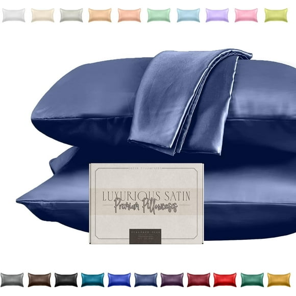 FCCAUD-Silky and Luxurious 2-Piece Satin Pillowcase Set for Healthier Skin and Hair, Hidden Zipper Closure and Beautifully Packaged, Satin Pillowcase Set, King, Navy Blue