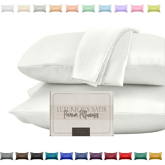 FCCAUD-Silky and Luxurious 2-Piece Satin Pillowcase Set for Healthier Skin and Hair, Hidden Zipper Closure and Beautifully Packaged, Satin Pillowcase Set, King, White