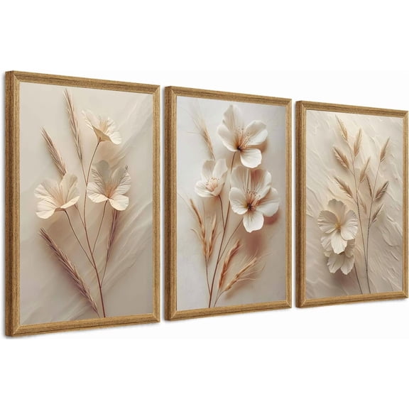 FCCUYE 3 PCS Framed Watercolor Floral Canvas Wall Art, Boho Sage Green Wildflower Wall Decor, Modern Flowers and plants Painting Print for Bedroom Living Room Bathroom Decorations 16''L x 12''W