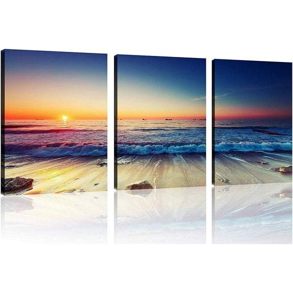 FCCUYE 3 Panel Canvas Wall Art for Home Decor Blue Sea Sunset White Beach Painting the Picture Print on Canvas Seascape the Pictures For Home Decor Decoration,Ready to Hang