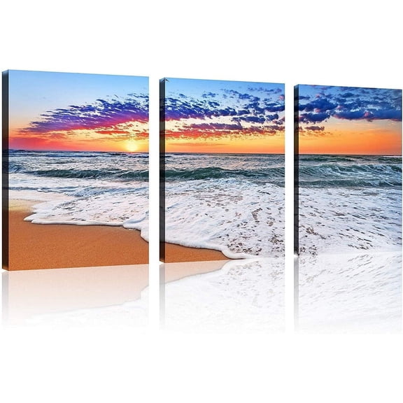 FCCUYE 3 Panel Canvas Wall Art for Home Decor Blue Sea Sunset White Beach Painting the Picture Print on Canvas Seascape the Pictures For Home Decor Decoration,Ready to Hang