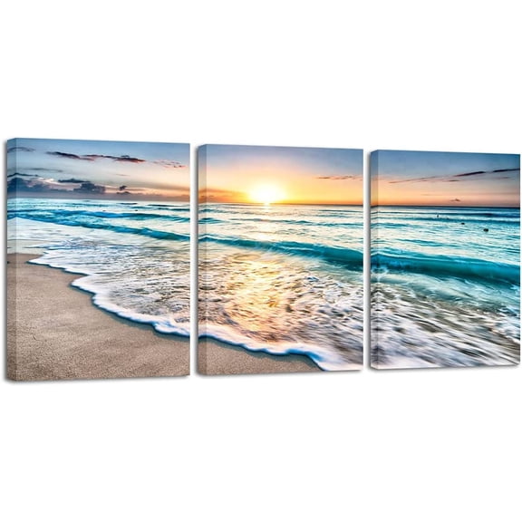FCCUYE 3 Panels Blue Beach Sunrise White Wave Pictures on Canvas Wall Art Modern Stretched Seascape Canvas Prints Seaview Artwork for Home Office Decorations