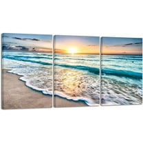 FCCUYE 3 Panels Blue Beach Sunrise White Wave Pictures on Canvas Wall Art Modern Stretched Seascape Canvas Prints Seaview Artwork for Home Office Decorations