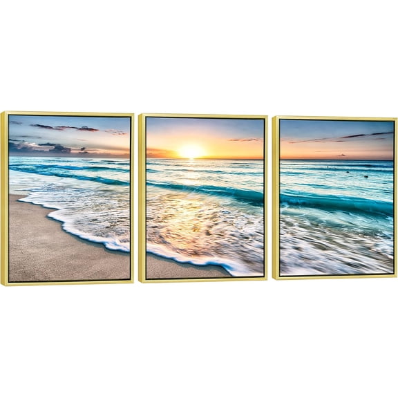 FCCUYE 3 Panels Blue Beach Sunrise White Wave Pictures on Canvas Wall Art Modern Stretched Seascape Canvas Prints Seaview Artwork for Home Office Decorations