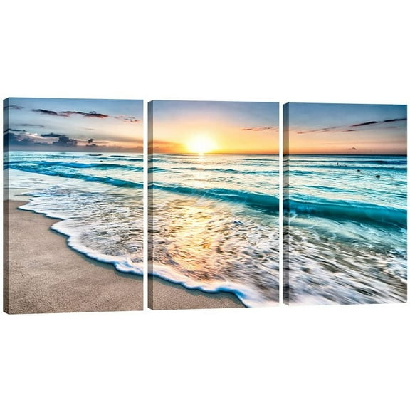 FCCUYE 3 Panels Blue Beach Sunrise White Wave Pictures Painting on Canvas Wall Art Modern Stretched Seascape Canvas Prints Seaview Landscape Artwork for Home Office Decorations