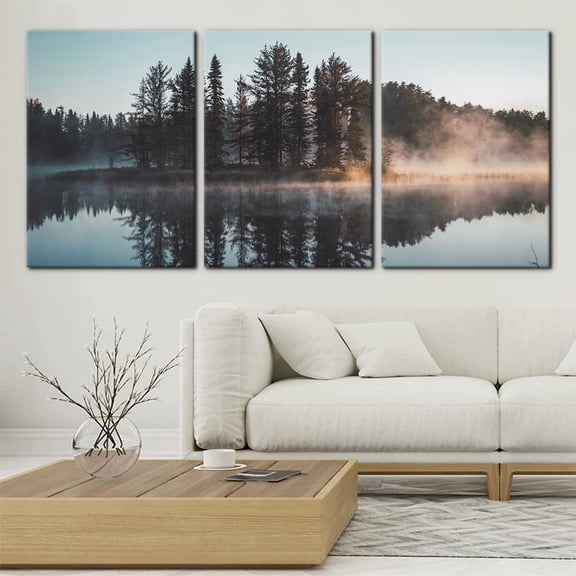FCCUYE 3 Panels Natural Landscape Canvas Wall Art Print Trees with Misty Lake Reflection Painting Wall Decor for Living Room Home Decoration Gallery Wrapped Posters and Prints Ideal Gifts - 12"x16"x3