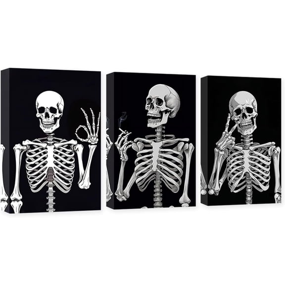 FCCUYE 3 Panels Skull Canvas Wall Art Skeleton Pictures Wall Decor Skull Hippie Posing Painting Poster Modern Artwork Decor (Skull - 1, 11x14inchx3Pcs)