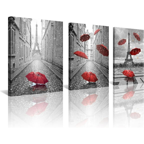 FCCUYE 3 Pcs Black and White Canvas Wall Art for Living Room Bedroom Bathroom Girls Dark Blue Paris Theme Room Decor Oil Painting Print Umbrella Tower Eiffel Painting for Wall Decor (12X12inchX3pcs,