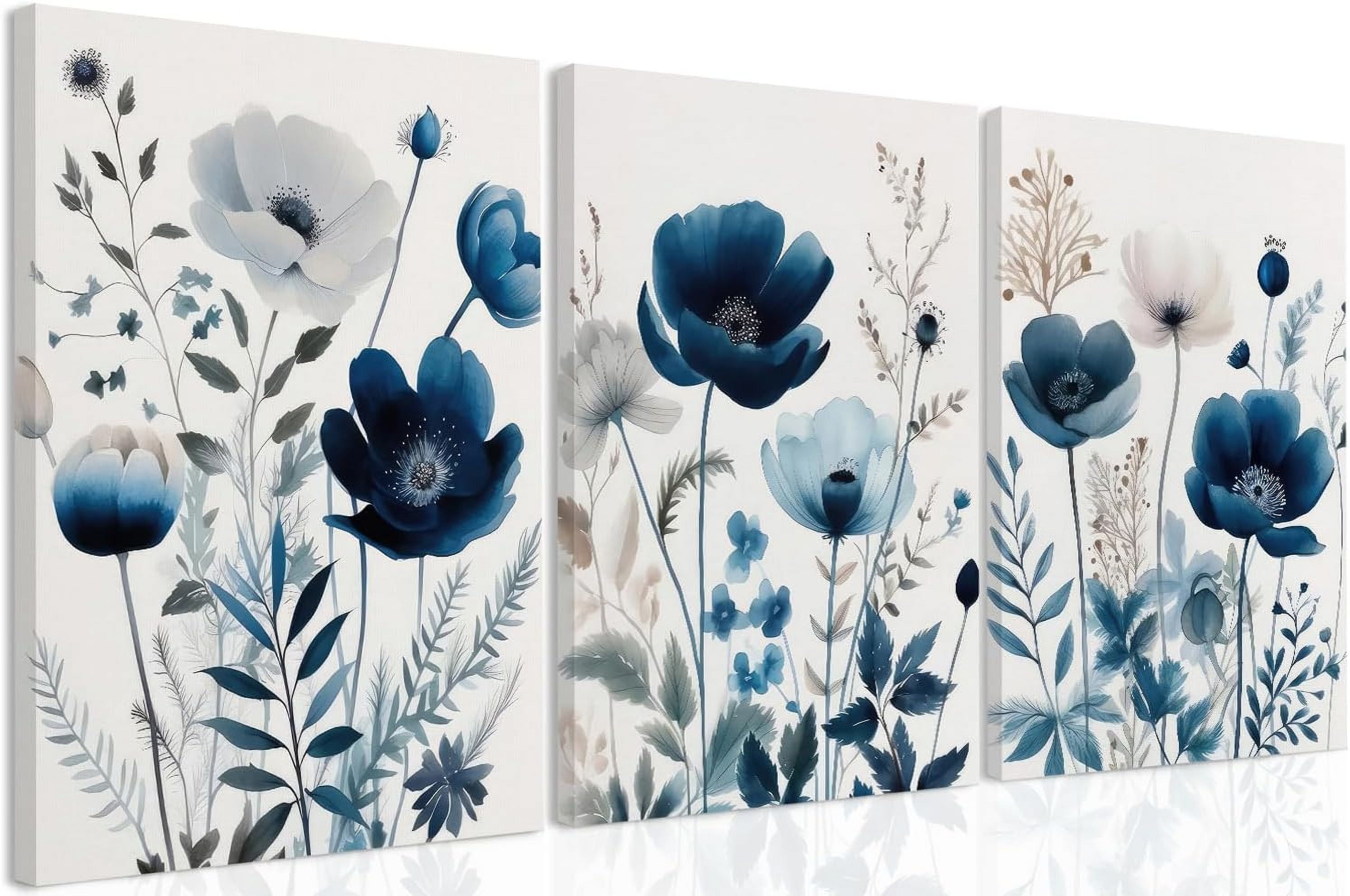 FCCUYE 3 Pcs Blue Floral Canvas Wall Art, Wood Framed Navy Blue ...