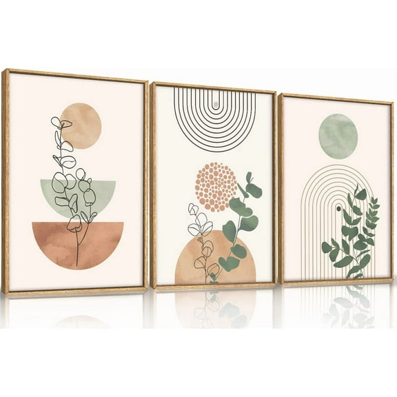 FCCUYE 3 Pcs Neutral Abstract Framed Wall Art, Mid Century Modern Canvas Wall Decor, Boho Geometric Line Wall Painting, Beige Minimalist Textured Art Print for Living Room Bedroom Office - 16x24inch