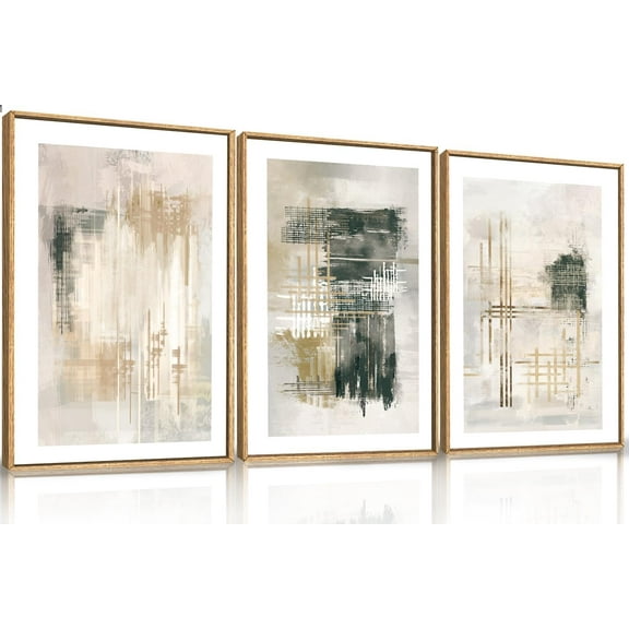 FCCUYE 3 Pcs Neutral Abstract Framed Wall Art, Mid Century Modern Canvas Wall Decor, Boho Geometric Line Wall Painting, Beige Minimalist Textured Art Print for Living Room Bedroom Office - 16x24inch