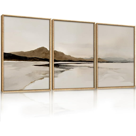 FCCUYE 3 Pcs Neutral Abstract Framed Wall Art, Mid Century Modern Canvas Wall Decor, Boho Geometric Line Wall Painting, Beige Minimalist Textured Art Print for Living Room Bedroom Office - 16x24inch