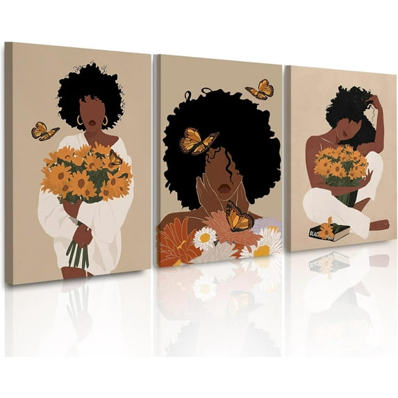 FCCUYE - 3 Piece Abstract African American Wall Art for Living Room Colorful Flower Hair Picture Floral Poster for Bathroom Black Girl Wall Art Canvas Prints Painting for Female Gifts 20x28inch