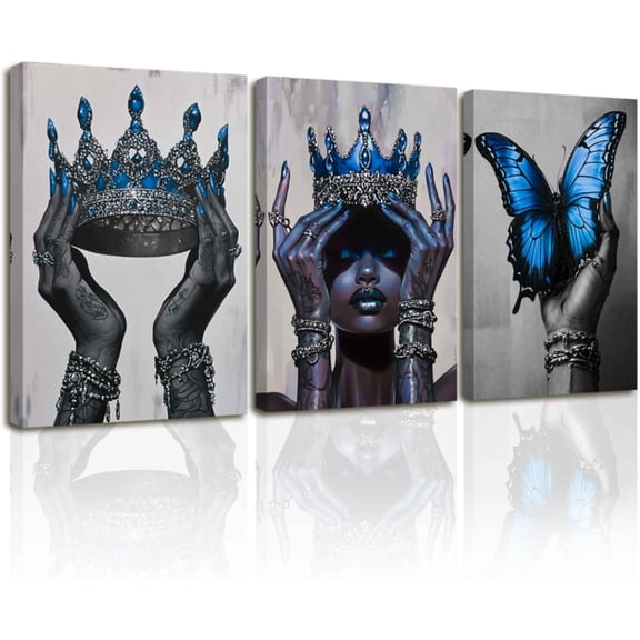 FCCUYE 3 Piece African American Wall Art Butterfly Queen Crown Pictures Black Girl Painting Elegant Woman Canvas Prints for Bedroom Living Room Framed (Purple, 12.00" x 16.00" x 3PCS)