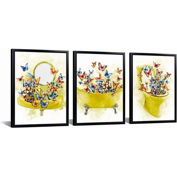 FCCUYE 3-Piece Bathroom Wall Art Bathtub Sink Toilet with Butterflies Canvas Prints Framed Black Frame Shower Room Washroom Restroom Decor Canvas Art Ready to Hang 12x16 (Blue)
