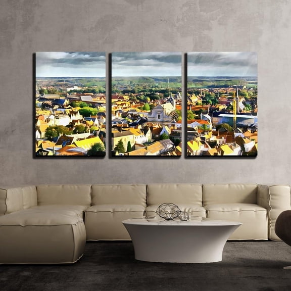 FCCUYE - 3 Piece Canvas Wall Art - Digital Painting Showing Street Scene with Urban Traffic on a Beautiful Sunny Day - Modern Home Art Stretched and Framed Ready to Hang - 16"x24"x3 Panels