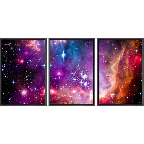FCCUYE - 3 Piece Canvas Wall Art - Landscape with Purple Milky Way. Night Sky with Stars and Hills at Summer. - Modern Home Art Stretched and Framed Ready to Hang - 16"x24"x3 Panels