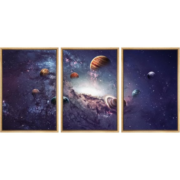 FCCUYE - 3 Piece Canvas Wall Art - Landscape with Purple Milky Way. Night Sky with Stars and Hills at Summer. - Modern Home Art Stretched and Framed Ready to Hang - 16"x24"x3 Panels