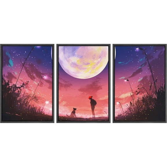FCCUYE - 3 Piece Canvas Wall Art - Man Standing on Street Looking at Futuristic City at Night, Sci-Fi Concept - Modern Home Art Stretched and Framed Ready to Hang - 16"x24"x3 Panels