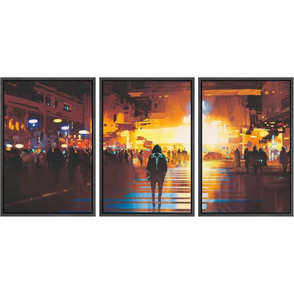 FCCUYE - 3 Piece Canvas Wall Art - Man Standing on Street Looking at Futuristic City at Night, Sci-Fi Concept - Modern Home Art Stretched and Framed Ready to Hang - 16"x24"x3 Panels