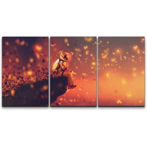 FCCUYE - 3 Piece Canvas Wall Art - Man Standing on Street Looking at Futuristic City at Night, Sci-Fi Concept - Modern Home Art Stretched and Framed Ready to Hang - 16"x24"x3 Panels