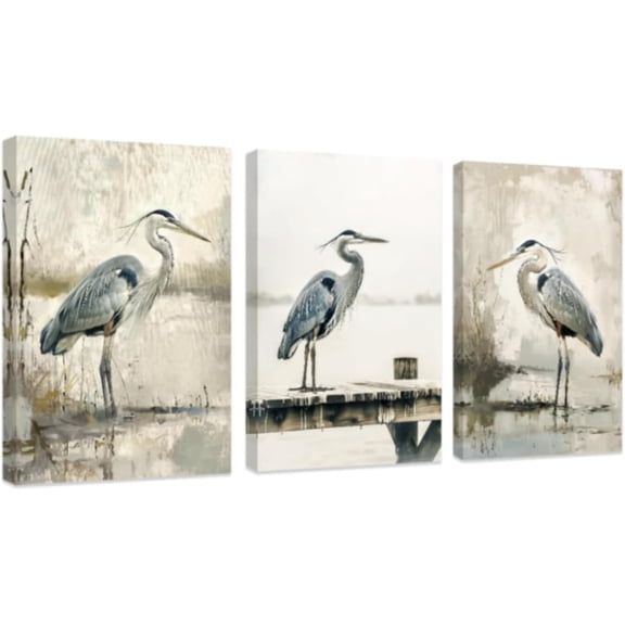 FCCUYE 3 Piece Heron Wall Art Blue Heron Pictures Sea Bird Paintings Ocean Wild Animal Canvas Prints Beach Coastal Bathroom Home Decor d (Green, (16"x24"x3 Pieces))