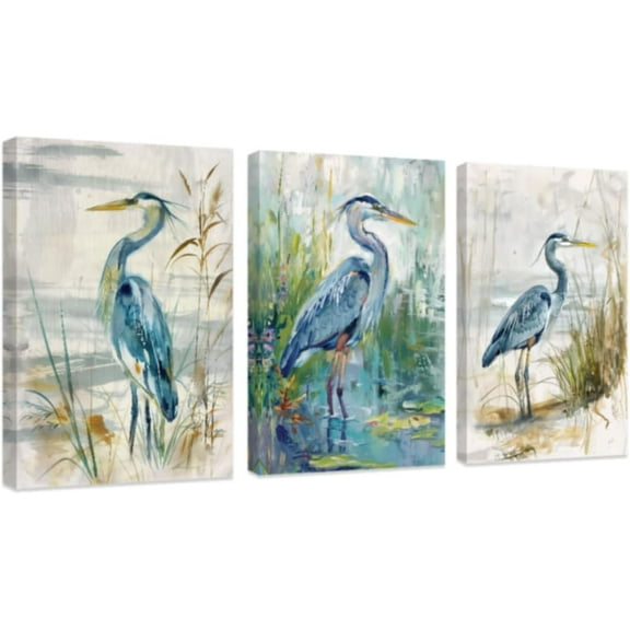 FCCUYE 3 Piece Heron Wall Art Blue Heron Pictures Sea Bird Paintings Ocean Wild Animal Canvas Prints Beach Coastal Bathroom Home Decor d (Green, (16"x24"x3 Pieces))