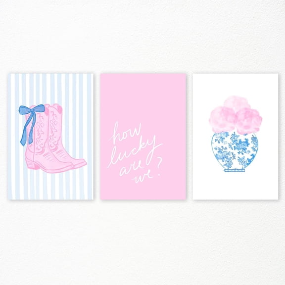 FCCUYE 3 Piece Trendy Pink Canvas Wall Art, Grand Millenial Pink Bow Ties Posters for Room Aesthetic, Preppy Watercolor Cherry Heart Ace A Poker Pictures, Coastal Art Decor 12x16in Unframed