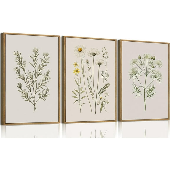 FCCUYE 3 Piece Vintage Floral Canvas Wall Art Framed,Large Wildflower Wall Decor,Neutral Farmhouse Botanical Daisy Wall Painting,Modern Floral Art Prints For Living Room,Bedroom,Office 12x16in
