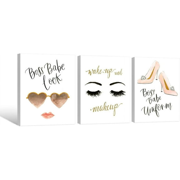 FCCUYE 3 Pieces Girl in Black Dress Wall Art Fashion Women Canvas Pictures for Bedroom Beauty Salon Bathroom Makeup Room Decor