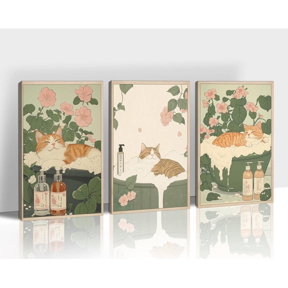 FCCUYE 3 Pieces Japanese Bathroom Canvas Wall Art, Cozy Cat Bathtub Wall Decor, Pastel Floral Canvas Prints, Tranquil Relaxation Wall Painting for Bathroom, Spa, or Lounge, 8"x12"x3Pcs