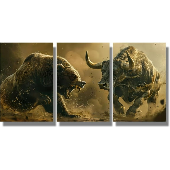 FCCUYE 3 Pieces Red Digital Bear and A Green Wireframe Bull Wall Art Stock Market Bull Vs Bear Sign Poster Trading Investor Canvas Trader Prints for Office Wall Decor 48x24 inches