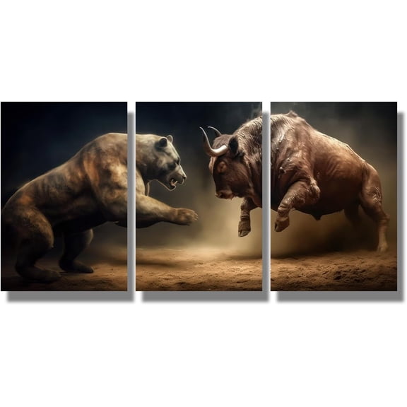 FCCUYE 3 Pieces Red Digital Bear and A Green Wireframe Bull Wall Art Stock Market Bull Vs Bear Sign Poster Trading Investor Canvas Trader Prints for Office Wall Decor 48x24 inches