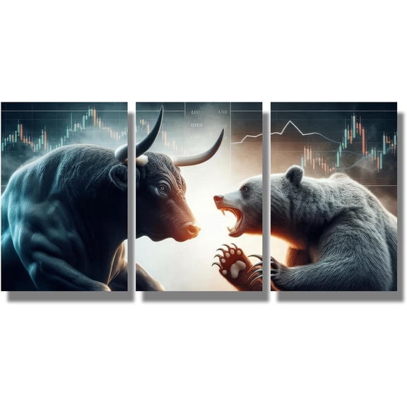 FCCUYE 3 Pieces Red Digital Bear and A Green Wireframe Bull Wall Art Stock Market Bull Vs Bear Sign Poster Trading Investor Canvas Trader Prints for Office Wall Decor 48x24 inches